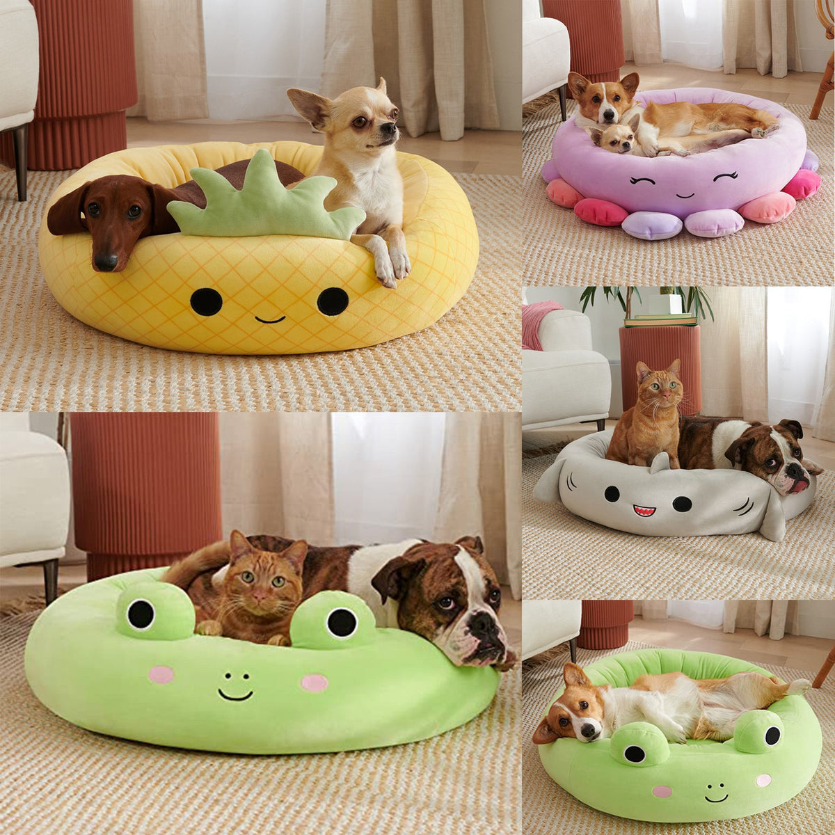 Yellow plush pineapple pet bed with animals