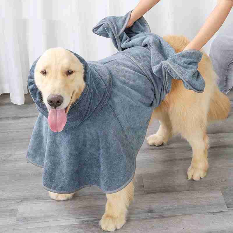 Dog in gray bathrobe with hood, pet grooming towel