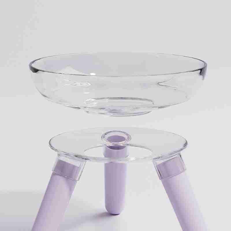 Transparent pet feeder with purple legs and water
