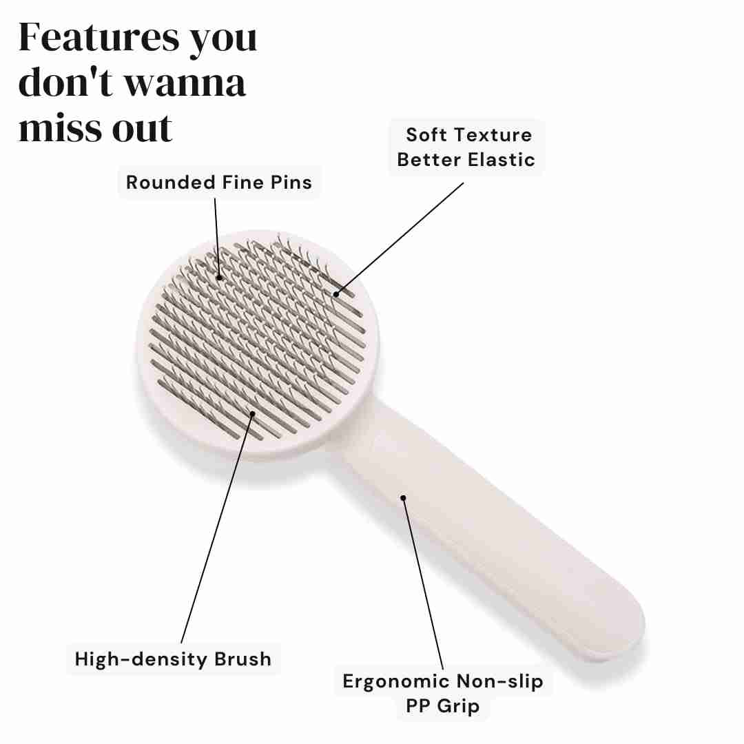 Close-up of pet grooming brush with soft massage beads and fine pins