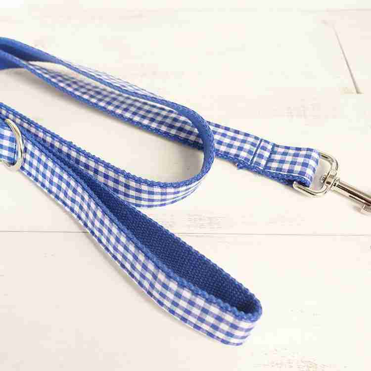 Close-up of blue checked pet leash strap