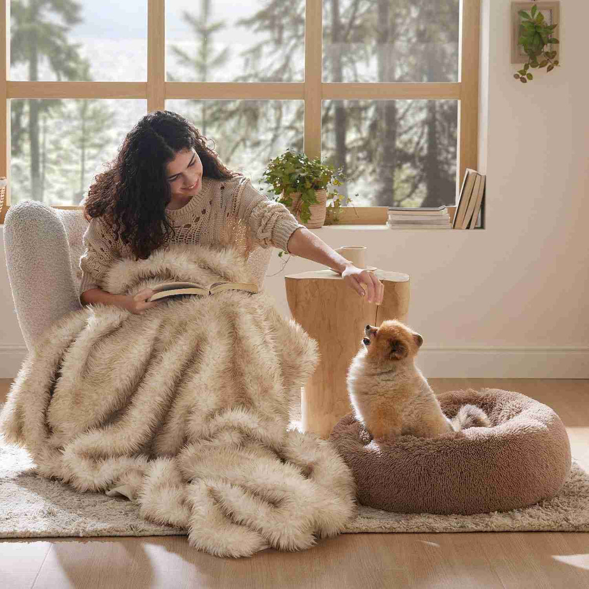 Woman with dog on fluffy pet bed near window