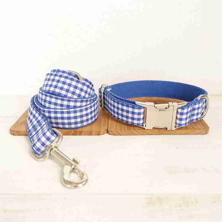 Blue checked pet leash with metal clasp