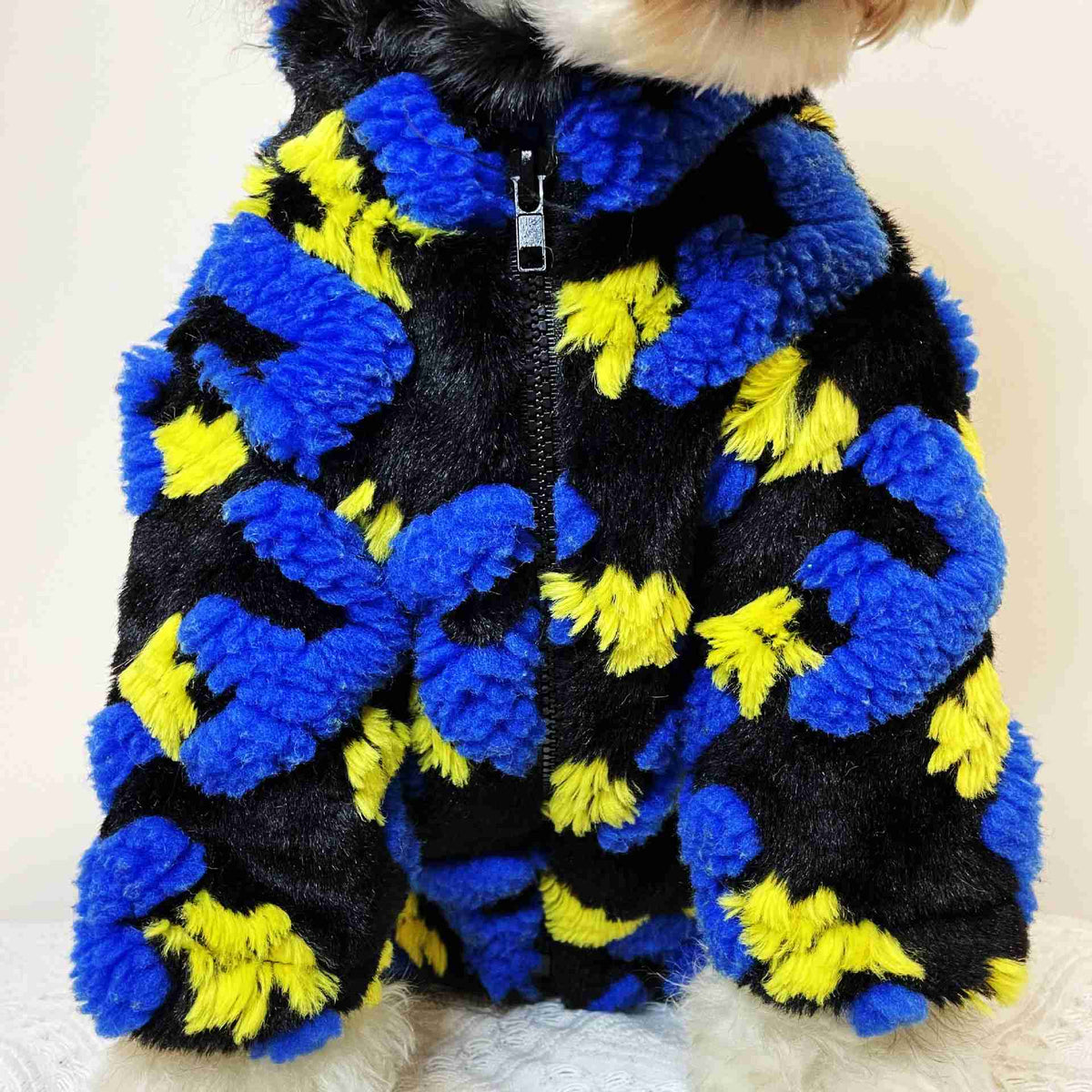 Dog wearing blue and yellow fleece coat