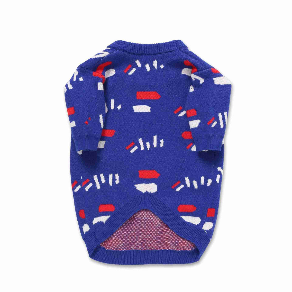 Blue dog sweater with red and white abstract pattern