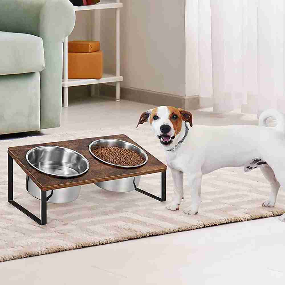 Dog feeding rack with wood and iron bowls