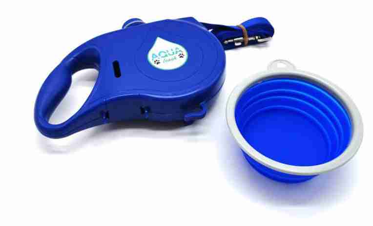 Blue portable dog water bowl with leash