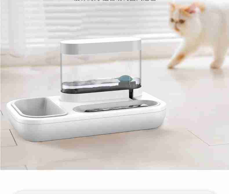 Modern pet water fountain with water flow feature and food bowl
