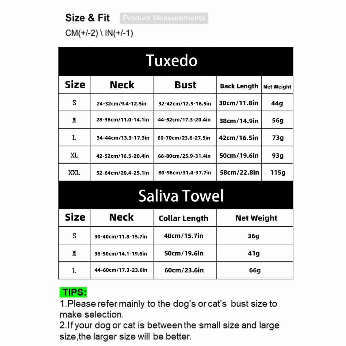 Tuxedo pet jacket size chart
