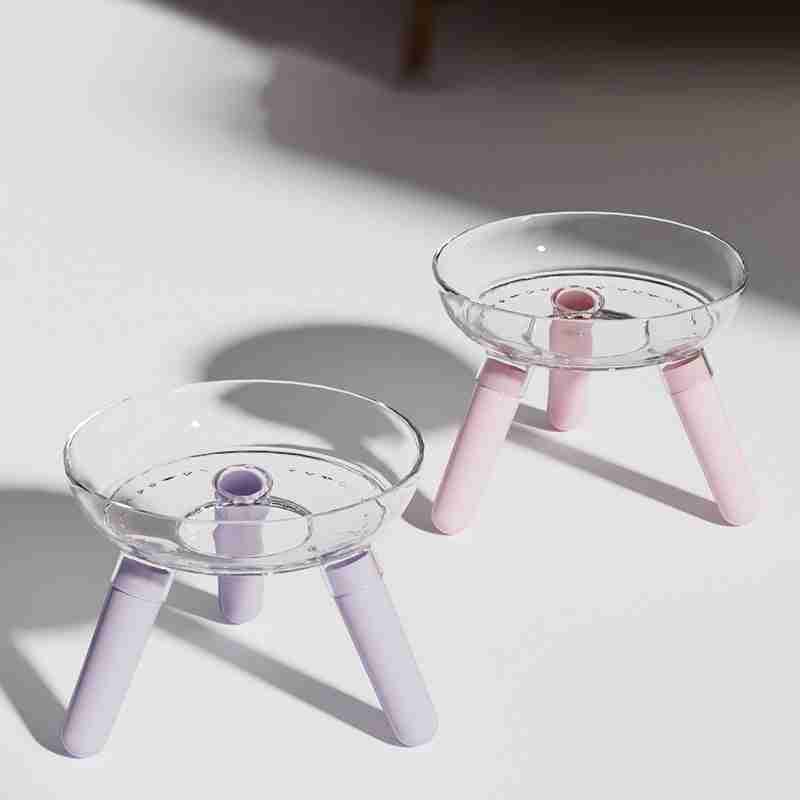 Transparent glass pet feeder with pastel pink legs