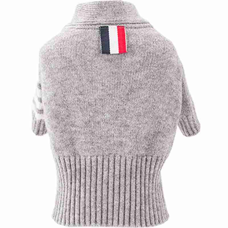 Grey pet sweater coat with striped collar detail