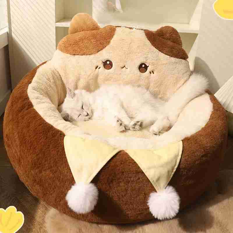 Round cozy pet bed with plush cat resting