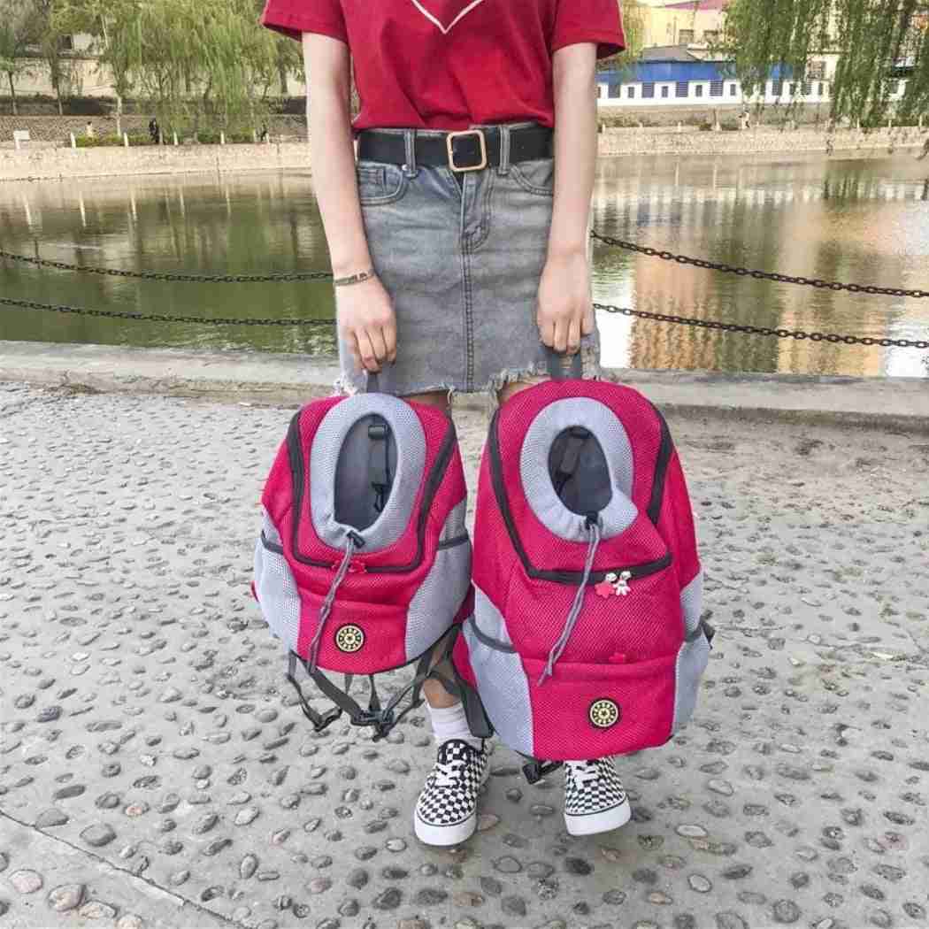 Pet dog carrier backpack with breathable mesh, various sizes, pink and gray colors