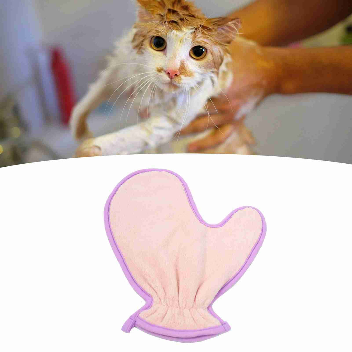 Pink and green microfiber pet drying glove with purple trim