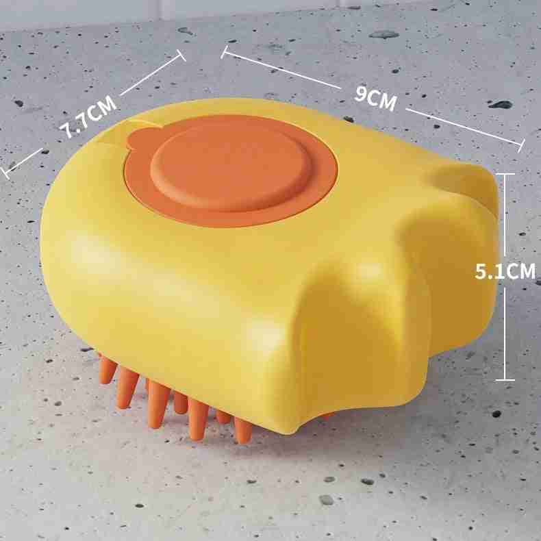Yellow pet grooming brush with silicone bristles, compact size for pet bath