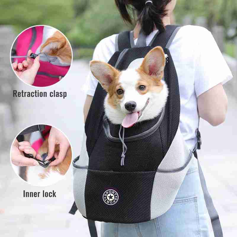 Dog carrier backpack with retractable clasp and inner lock, black and gray design
