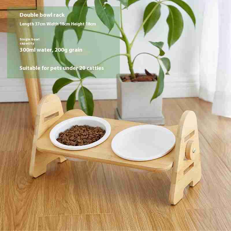 Pet feeding bowl rack with ceramic and plastic bowls
