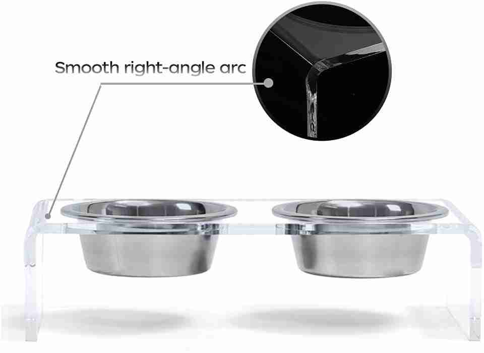 Close-up of acrylic pet feeder with stainless steel bowls and smooth edges for easy cleaning