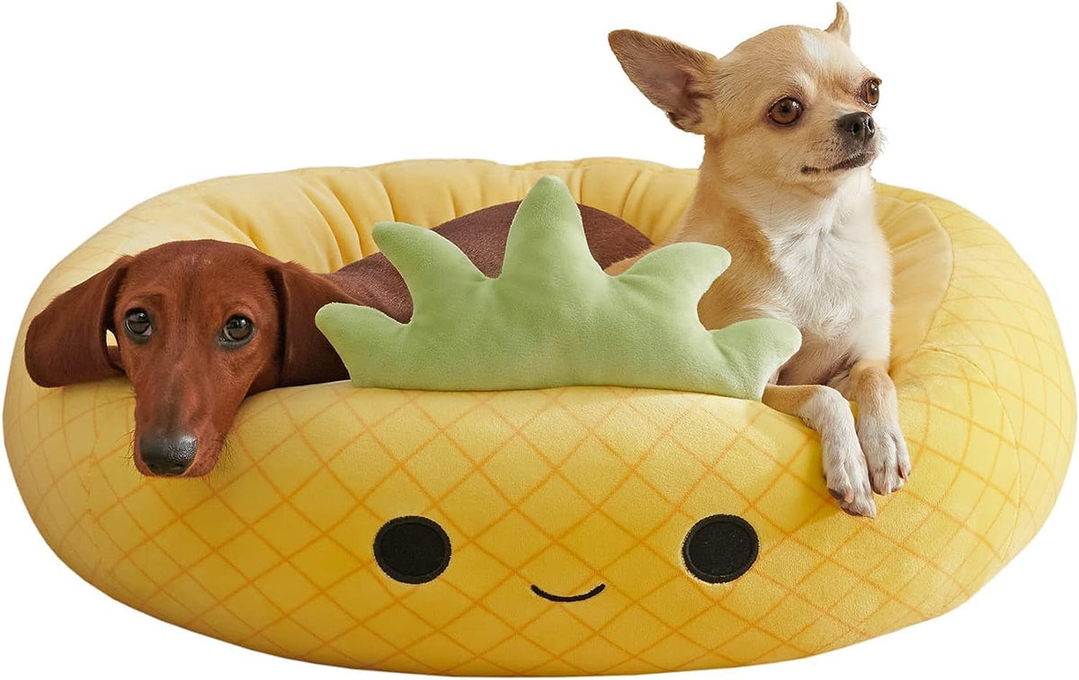 Large plush pet bed with pineapple design and two dogs
