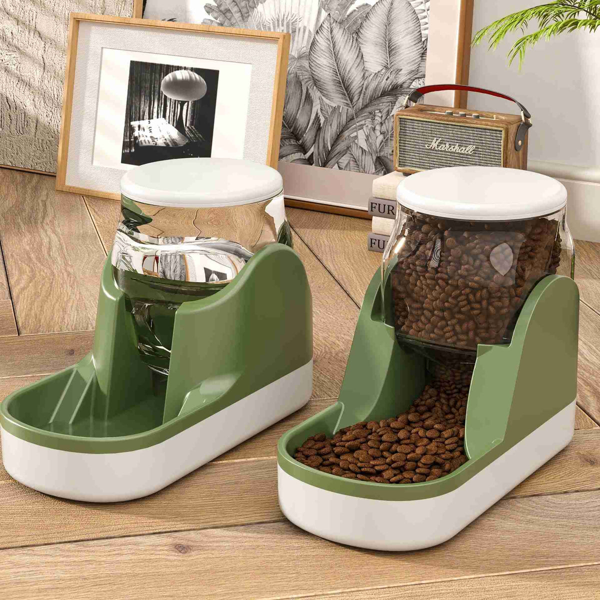 Pet food dispenser with water and food containers