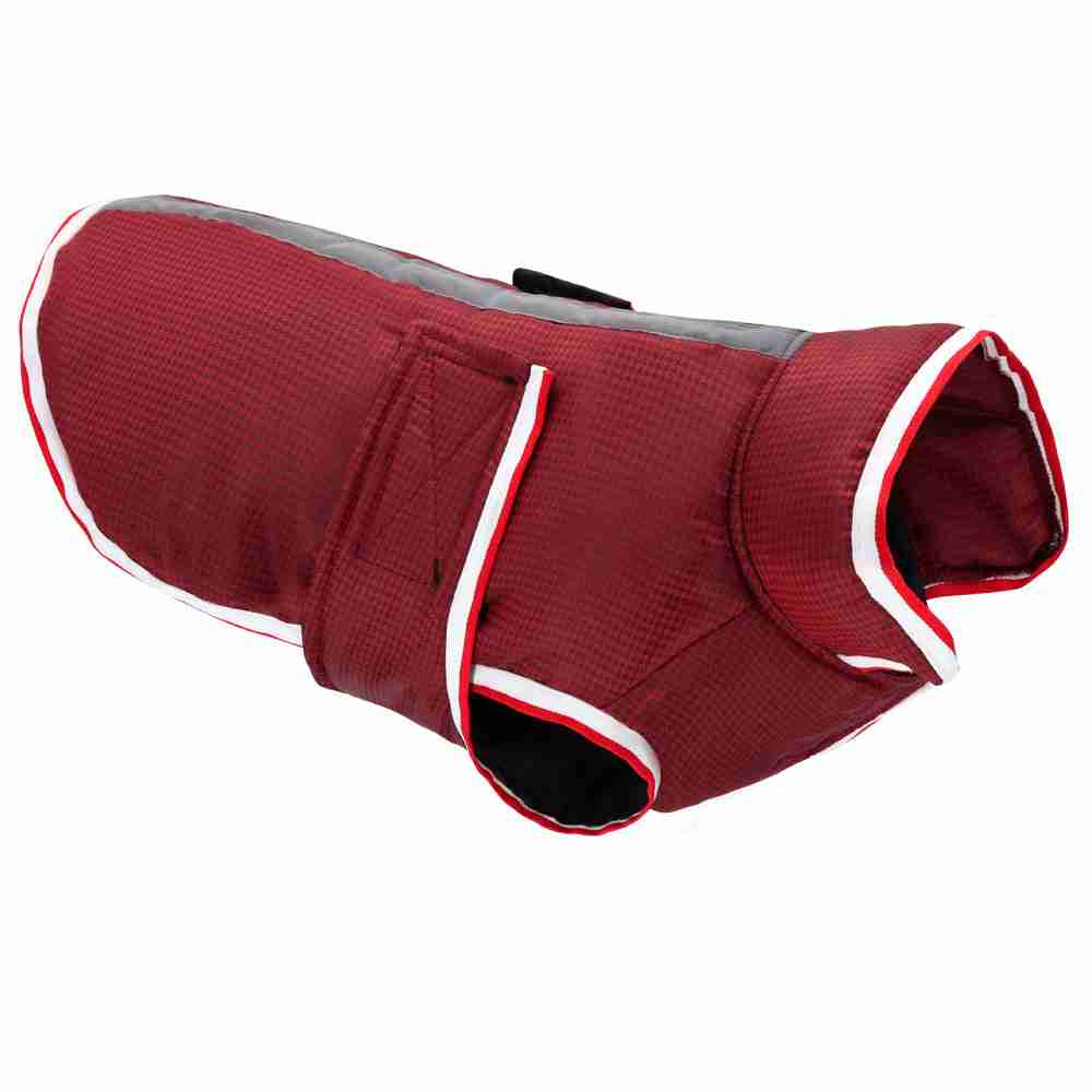 Red waterproof pet jacket with black accents, side view