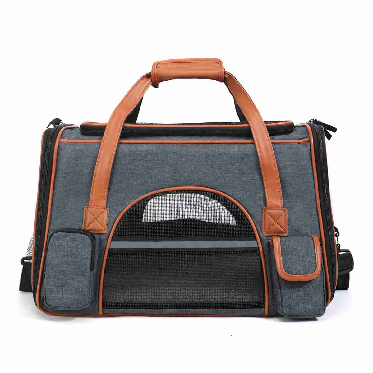 Blue pet carrier bag with mesh window and brown accents