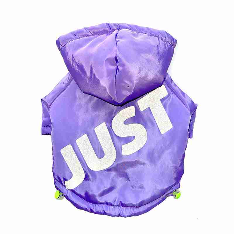 Purple pet jacket with 'JUST' text back view