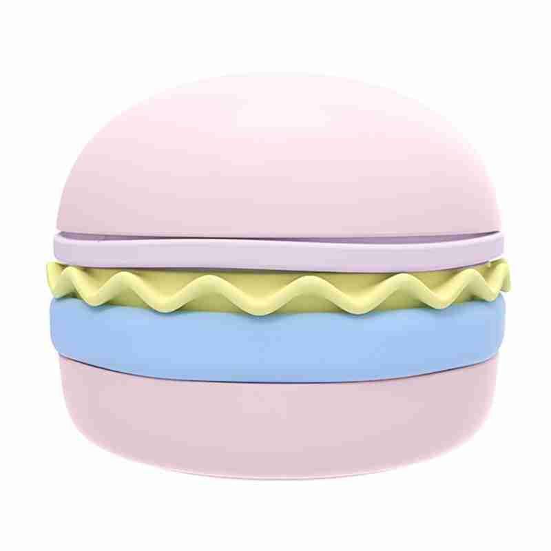 Multicolor burger-shaped pet bowl in pink, yellow, blue