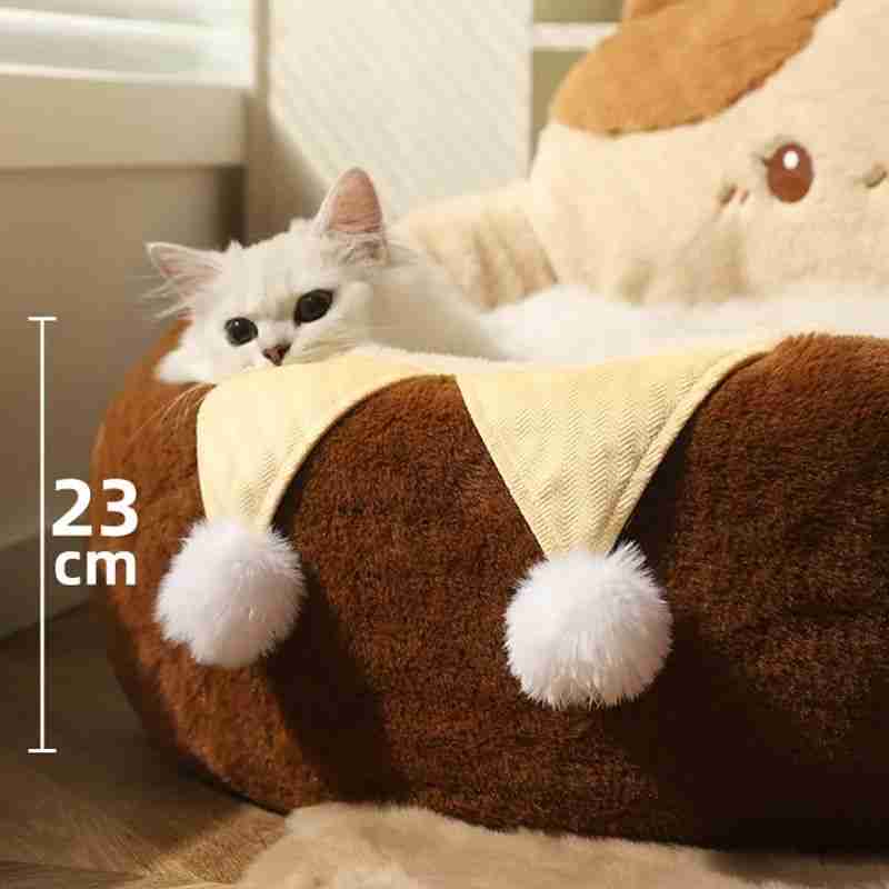 Small white cat on plush pet bed