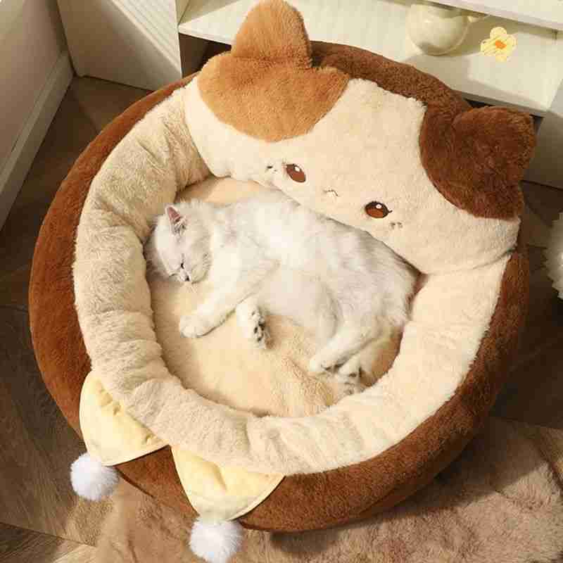 Close-up of plush pet bed with cat