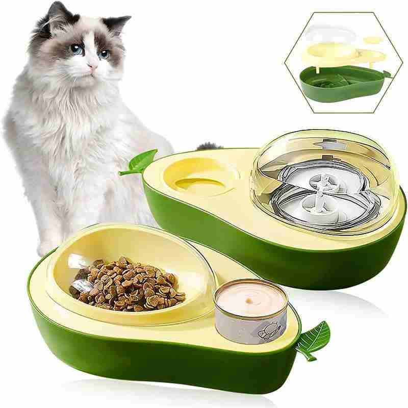 Cat food and water bowl with avocado shape and slow feed design