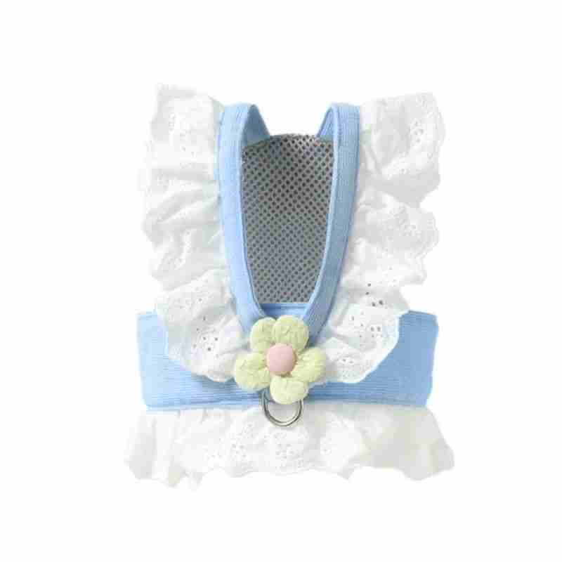 Blue and pink pet harness with flower decoration