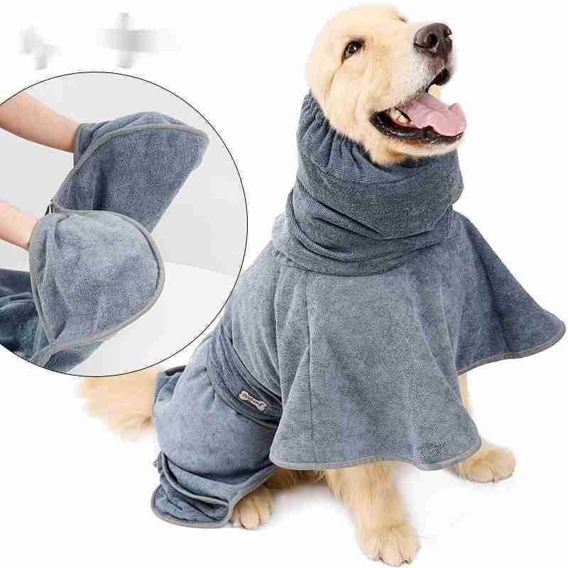 Pet drying towel with hood, gray color, dog grooming accessory