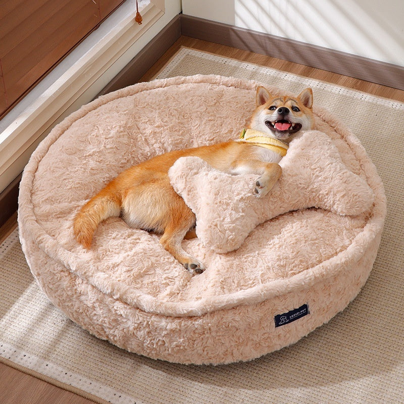 Removable Washable Pet Bed in plush beige fabric