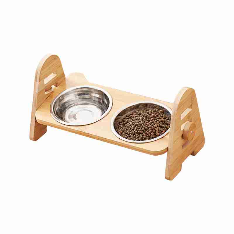 Wooden pet bowl rack with stainless steel, ceramic, and food bowls