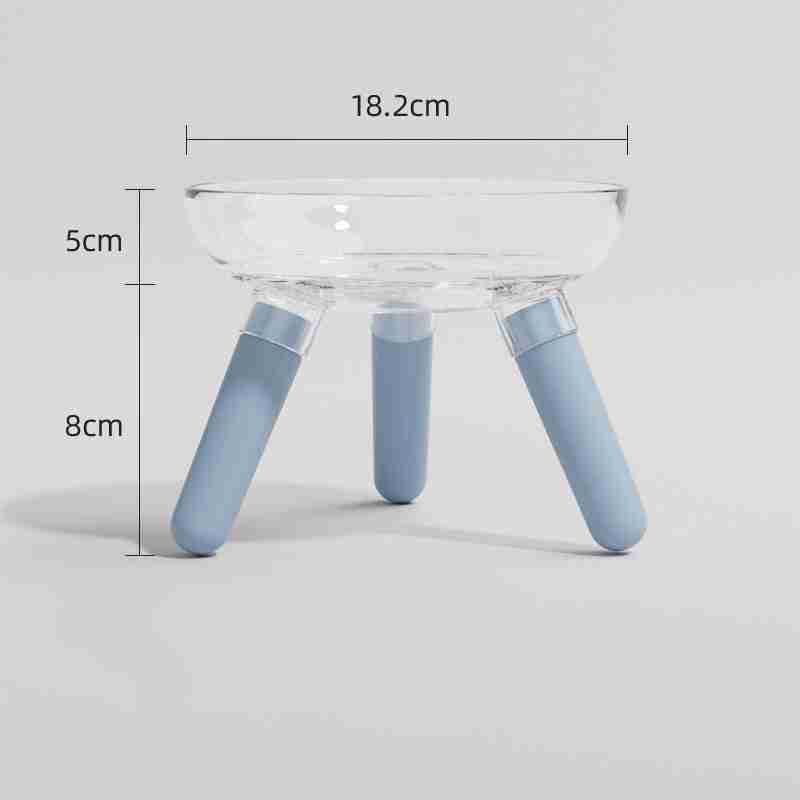 Transparent glass pet bowl with blue legs for stable pet feeding