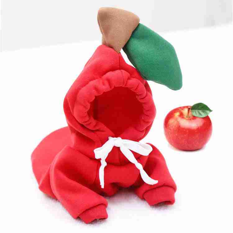 Red pet hoodie with apple design and green leaf
