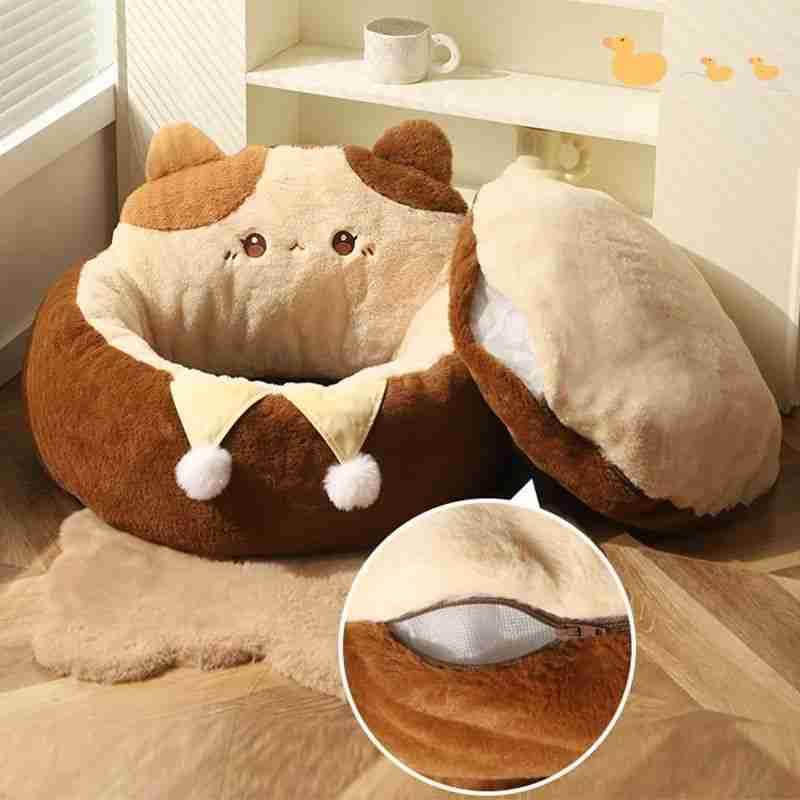 Open plush pet bed with sleeping cat