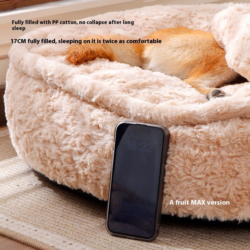 Close-up of soft plush pet bed with phone for size reference