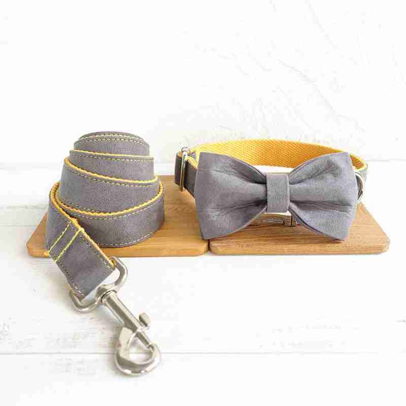 Grey pet leash set with yellow accents and bow tie