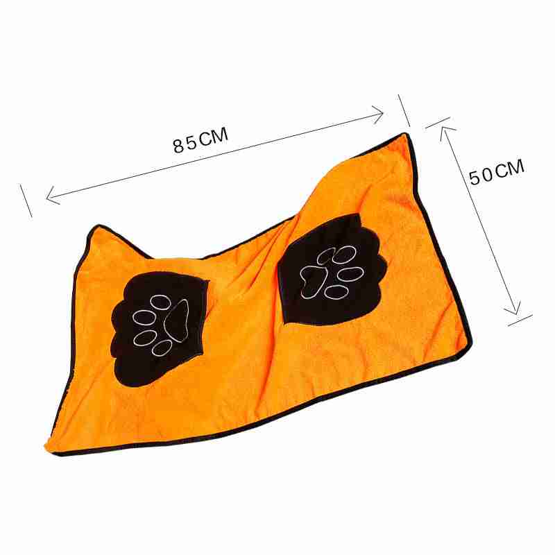 Pet bath towel with paw print design, orange and black, 85cm x 50cm