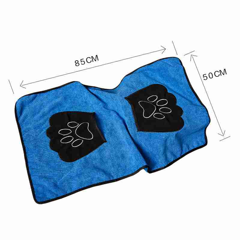 Blue pet bath towel with paw print design, 85cm x 50cm