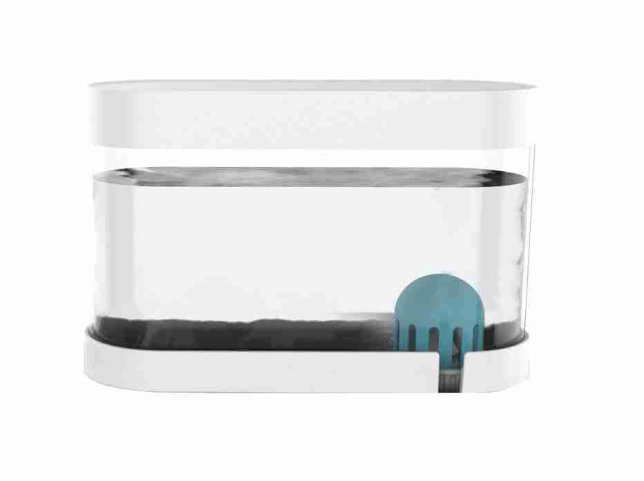 Pet water fountain with transparent water reservoir and blue valve