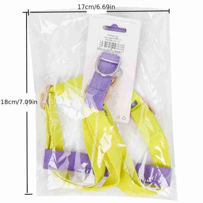 Colorful pet harness packaging with adjustable straps