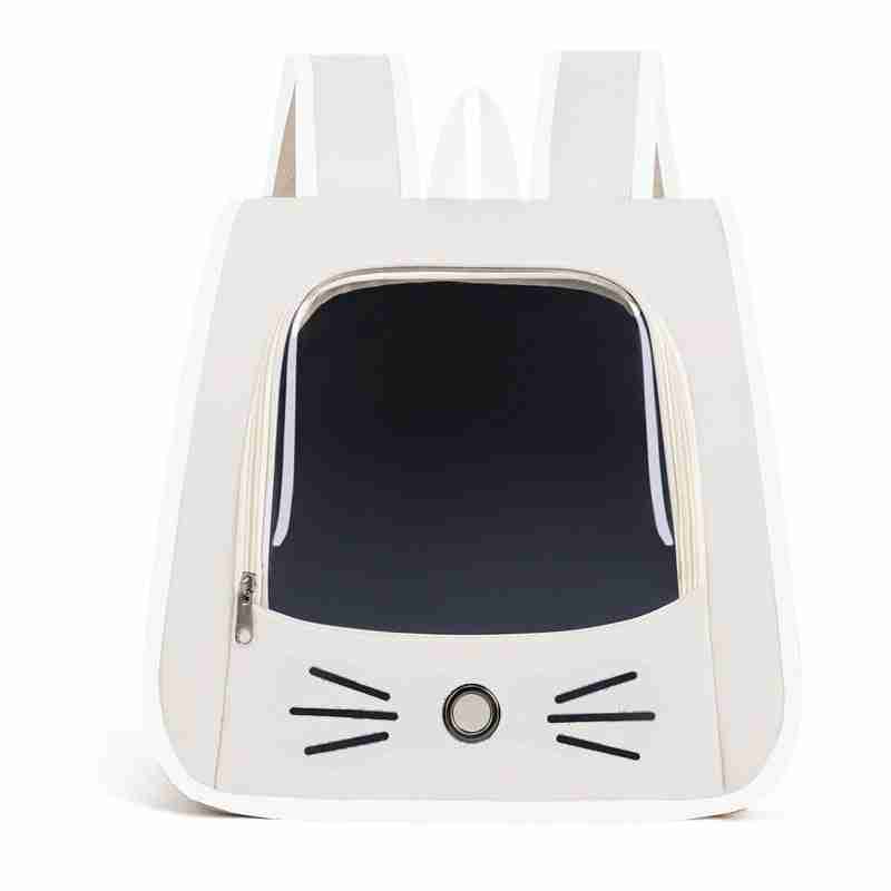 Small pet carrier with cat face design, black window, white zipper