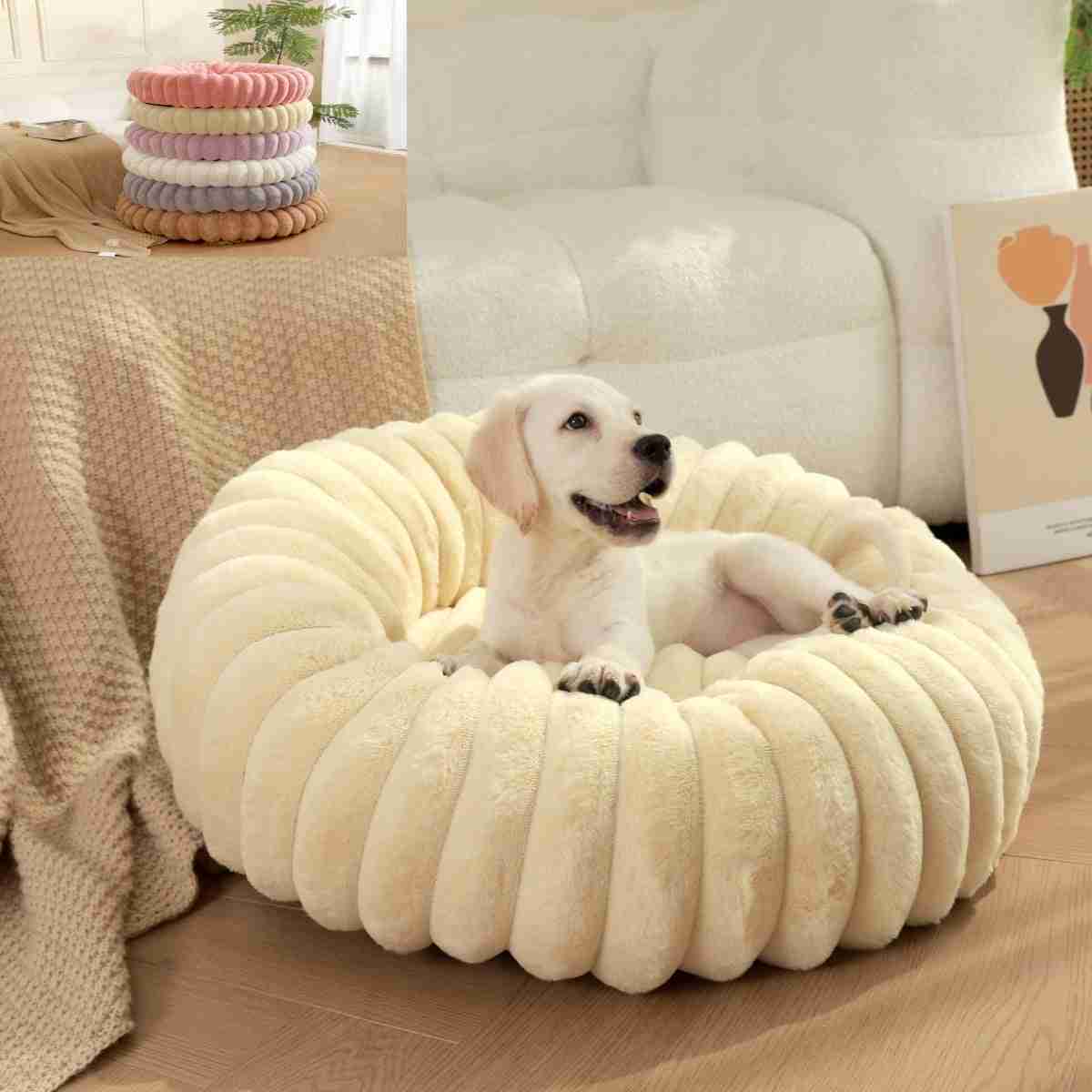 Pink plush pet bed with circular design