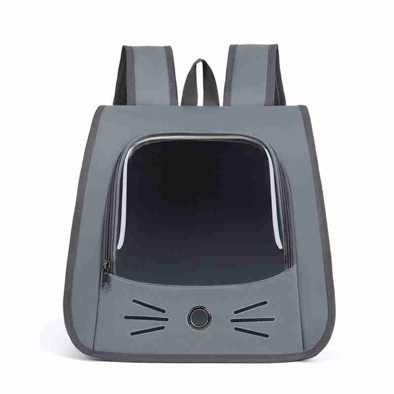 Gray pet carrier with cat face, black window, white zipper