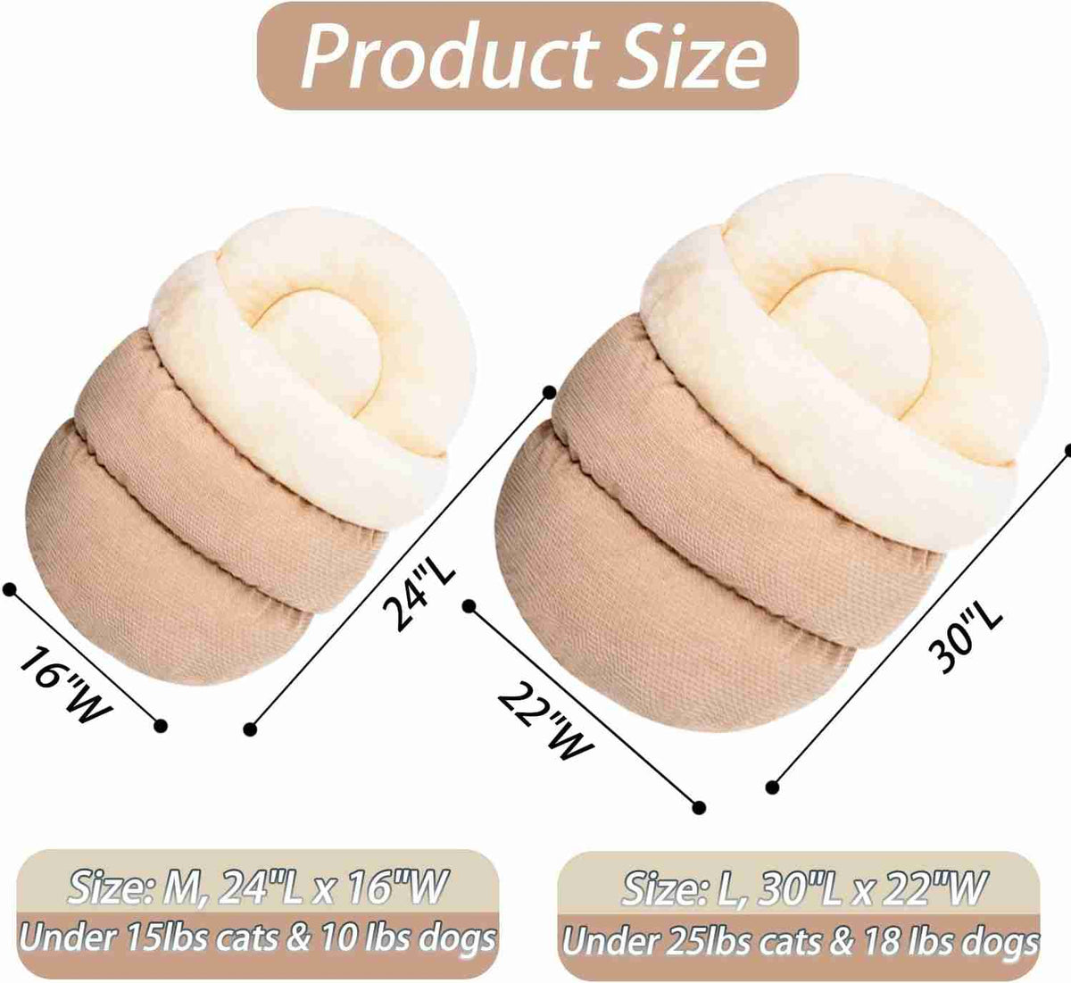 Size chart for plush pet beds with measurements for small and large sizes