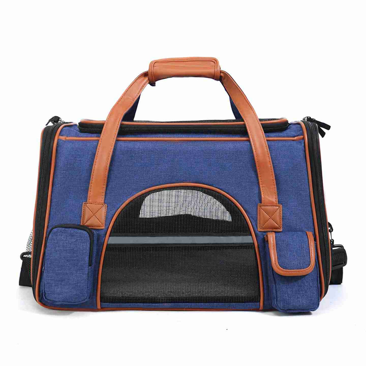 Blue pet carrier bag with brown handles and mesh window