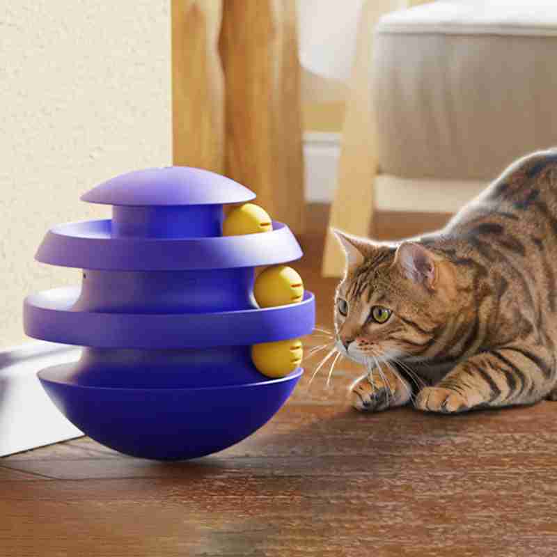 Purple 3-layer cat toy with rolling balls for interactive play